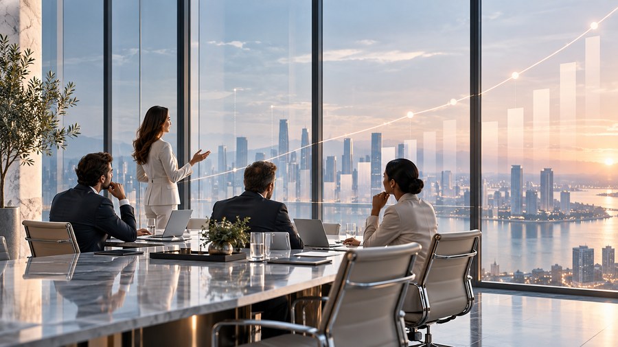 Executive team reviewing revenue growth in a boardroom
